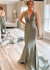 Bernice | Amazing Evening Trumpet Bows Backless Sage Green Satin Maxi Formal Dress with Deep V - Neck - Price #price_variant_lowest# - Sage - PromDressClub